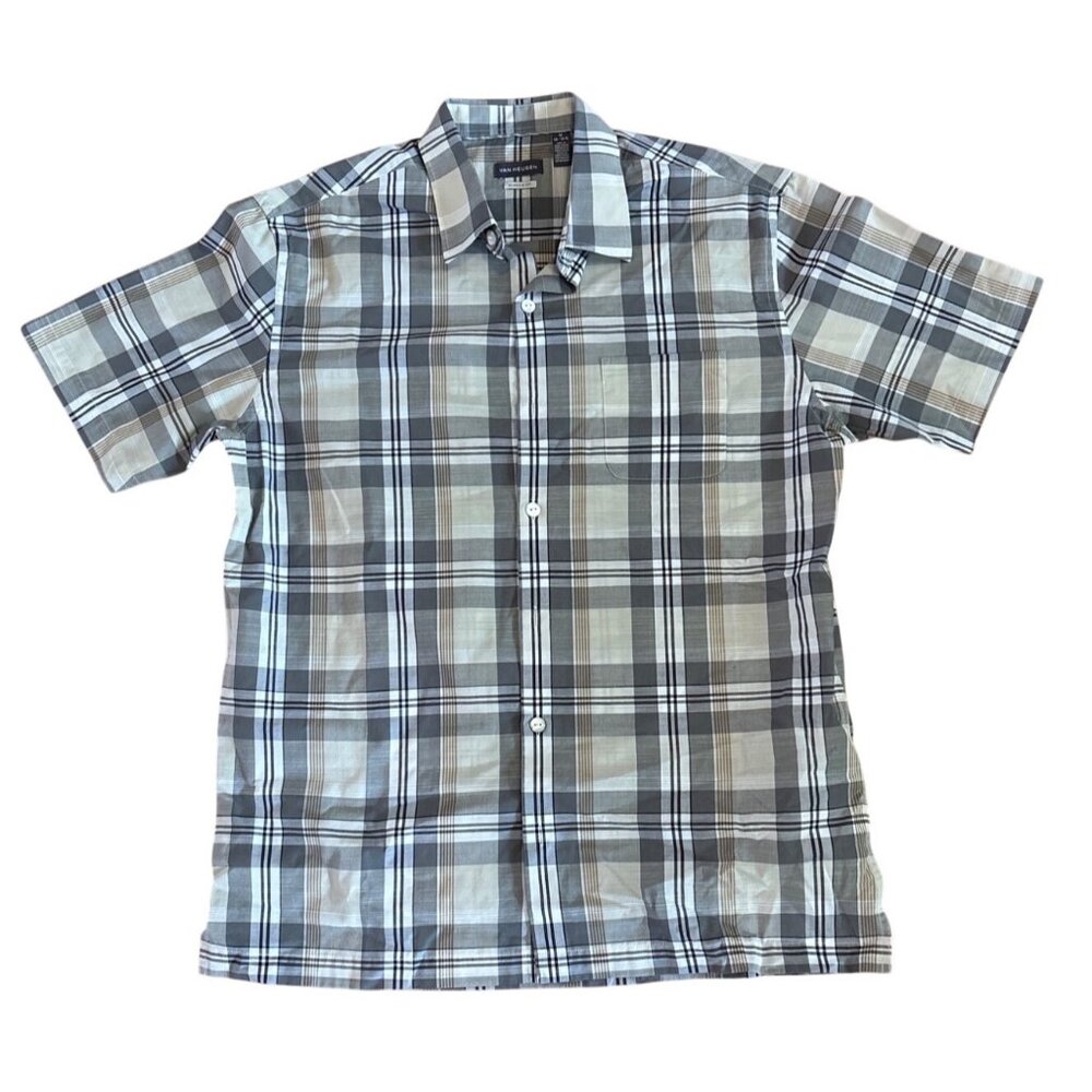 Van Heusen Shirt Mens M 15 - 15.5" Short Sleeve Classic Fit Plaid Gray & Beige
